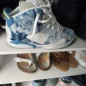 Kids Blue and White Denim Jordans